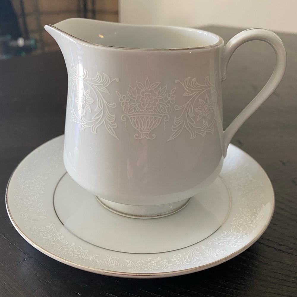 Vintage Crown Victoria Lovelace Fine China White On White Creamer Milk Pitcher